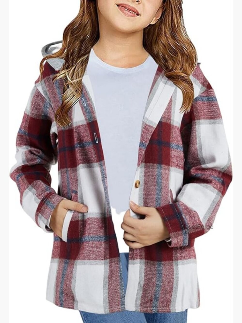 Girls Flannel Plaid Button Down Long Sleeve Hooded Jacket - Picture 1 of 7